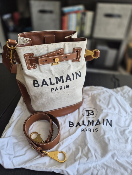 Balmain Handbags - Balmain B Army Canvas Bucket Bag – Natural & Brown Leather